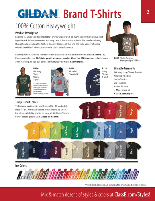 Page 2 of the ClassB boy scout custom troop catalog Gildan 100% cotton t-shirts